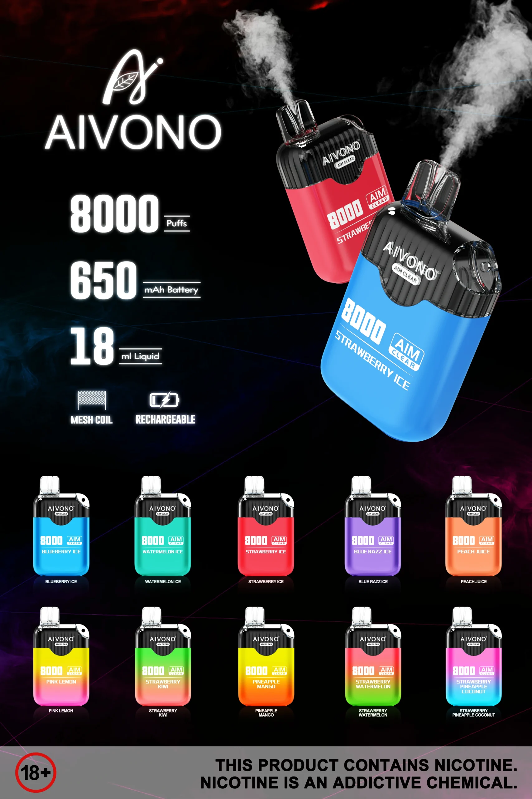 AIVONO AIM CLEAR 8000 Puffs 0% 2% 5% Baixa Nicotina Recarregável Vapes Descartáveis ​​Pen Bulk Comprar Atacado