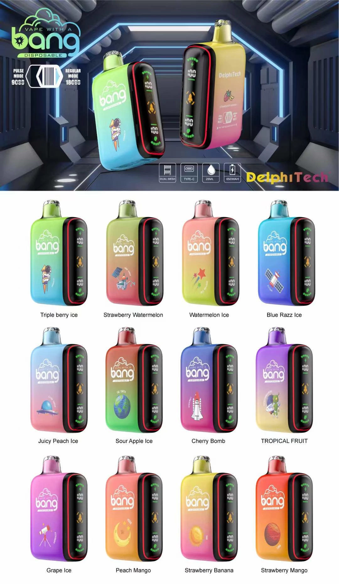 Bang 18000 Puffs Dual Mesh Digital Box 0% 2% 3% 5% Baixa Nicotina Recarregável Vapes Descartáveis ​​Pen Bulk Comprar Atacado