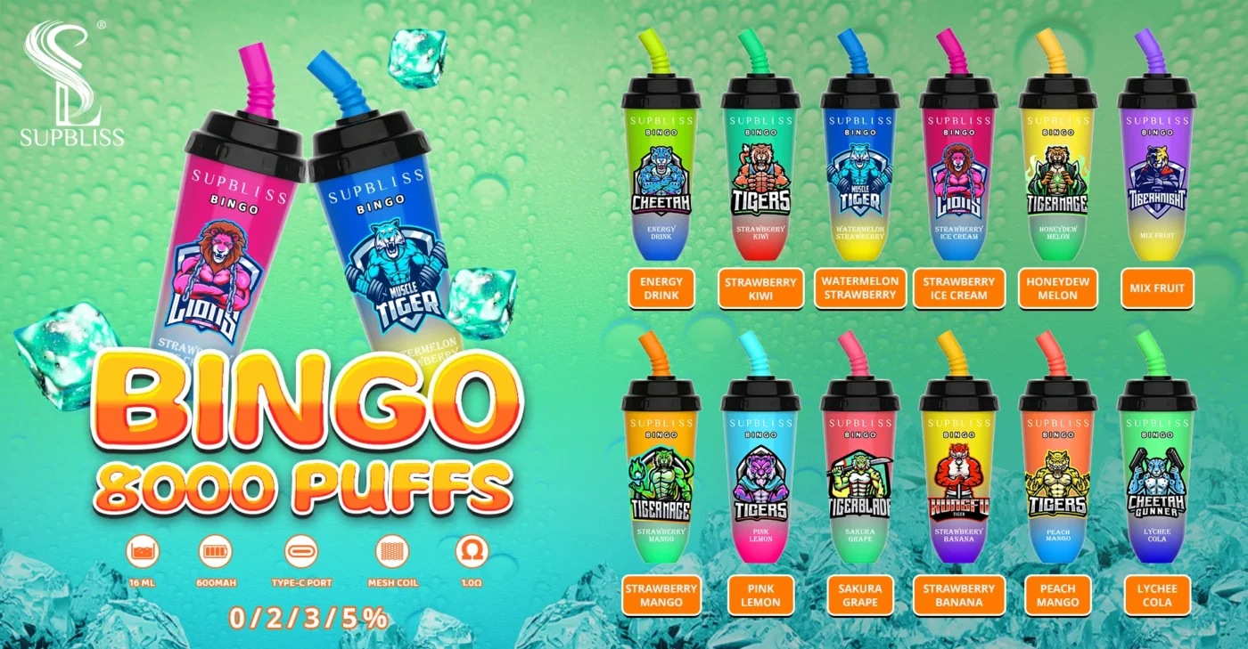 RandM Supbliss Bingo 8000 Puffs 0% 2% 3% 5% Lav nikotin Bulk Køb Genopladelige Engangs Vapes Pen Engros