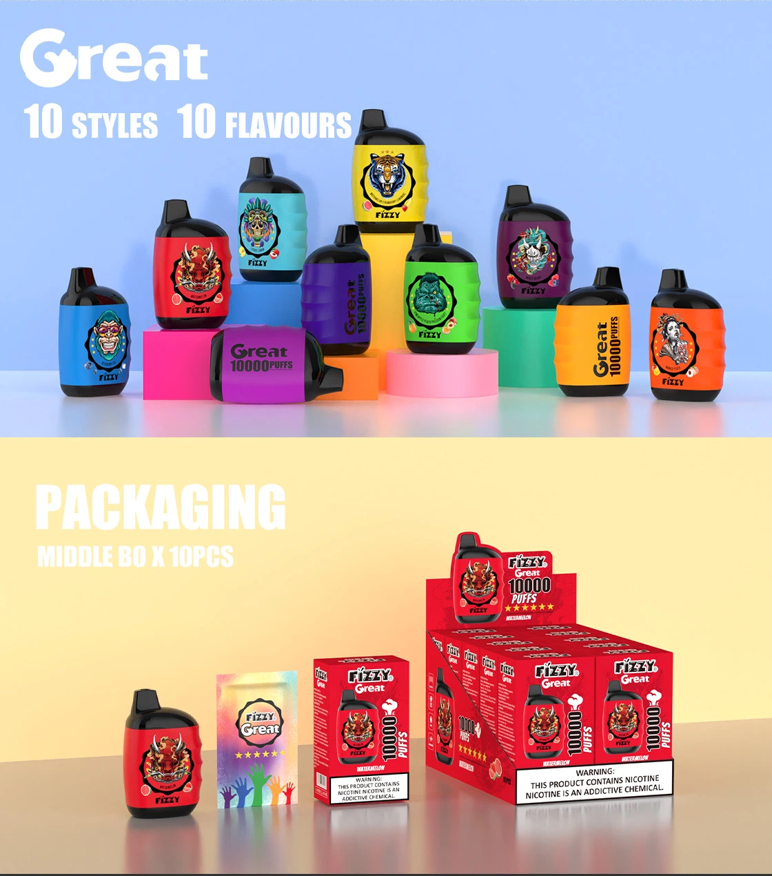 Fizzy Great 10000 Puffs 2% 5% Nízke nikotínové dobíjacie pero na jednorazové vapes Hromadné nákupy veľkoobchod 
