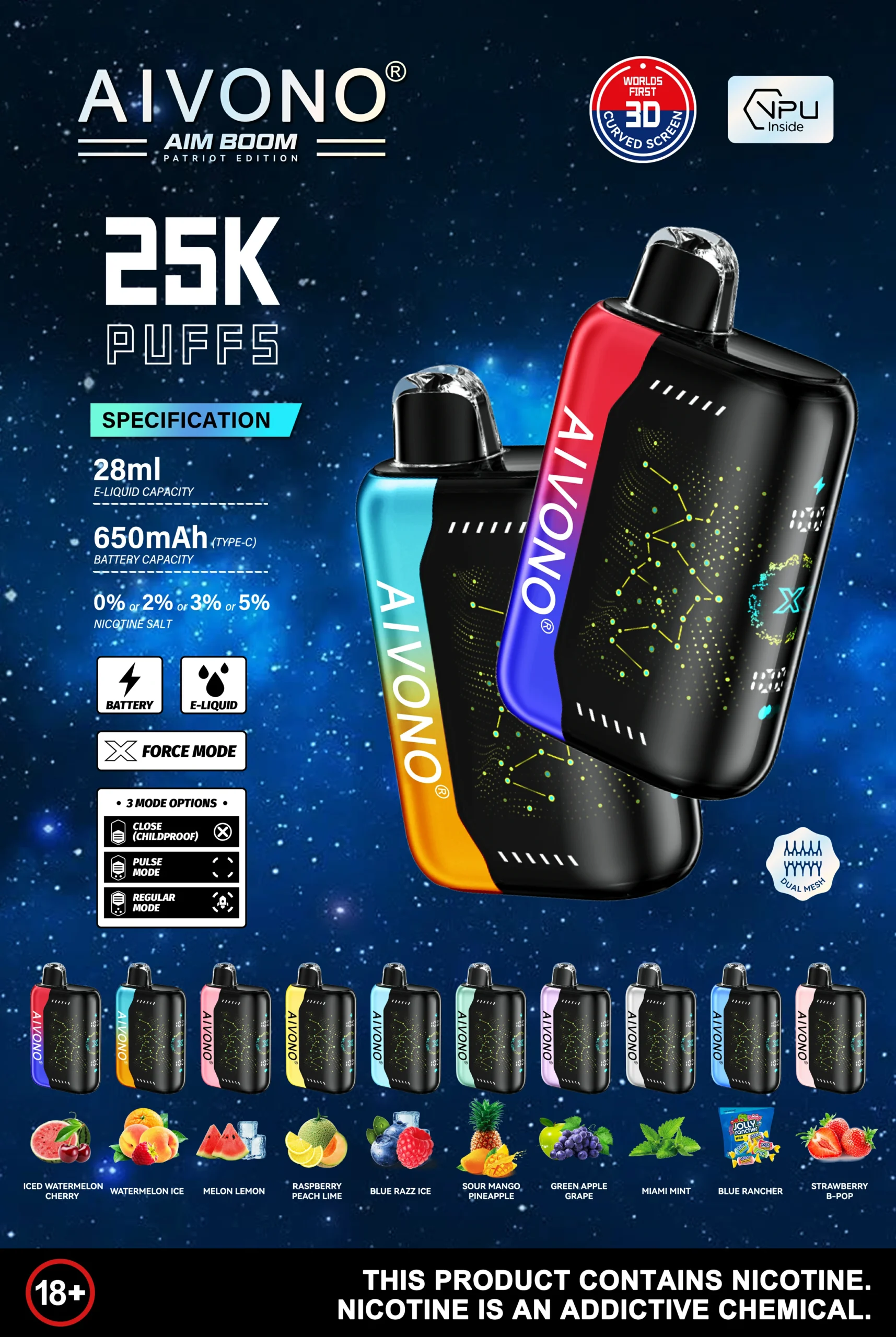 AIVONO AIM BOOM 25000 Puffs Tela Digital de Malha Dupla 0% 2% 3% 5% Caneta Vapes Descartáveis ​​Recarregáveis ​​com Baixa Nicotina em Massa Comprar no Atacado