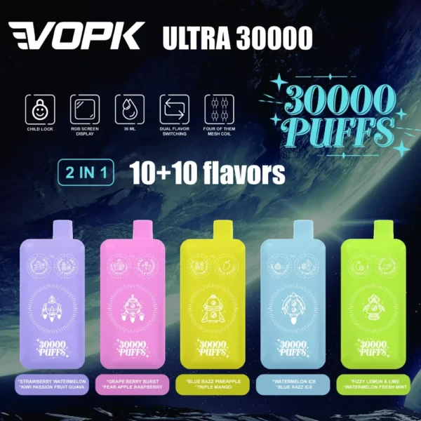 VOPK ULTRA 30000 Puffs Double Flavour Dual Mesh Digital Screen 2% Low Nicotine Rechargeable Disposable Vapes Pen Bulk Buy Wholesale - SYNCVAPE - 1